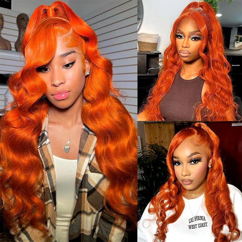 Ginger Orange Body Wave 13X6 Transparent Lace Front Wig Human Hair for Women #350 Colored Pre Plucked Natural Hairline 200%