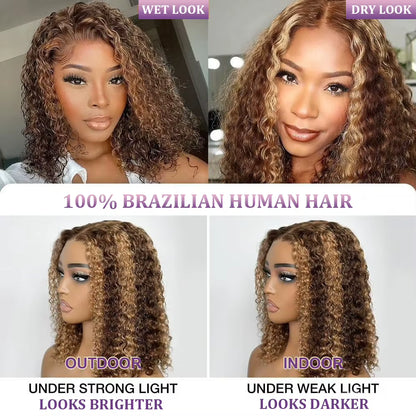 Highlight Color Short Bob Wigs Deep Wave 13X4 Lace Frontal Wigs Brazilian Human Hair Deep Curly Full Frontal Bob Wig Ombre Color