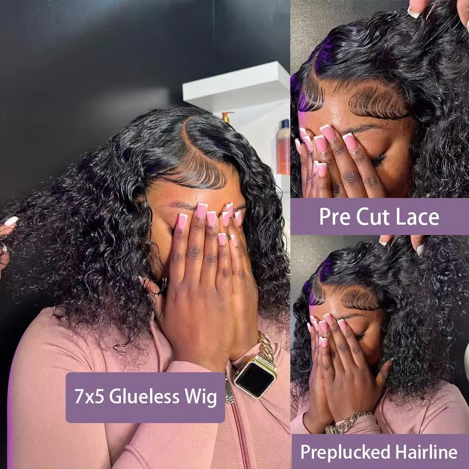 Short Bob Human Hair Glueless Wigs 13X4 Pre Cut No Glue Wigs 7X5 Curly Wigs Preplucked Deep Wave 4X4 Lace Front Wig Easy to Wear