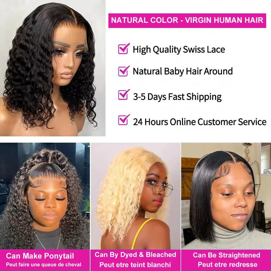 Vietnamese Curly Wigs 13X6 HD Transparent Human Hair 5X5 Closure Glueless Wig Bob Natural Black Deep Wave Remy 200 Density