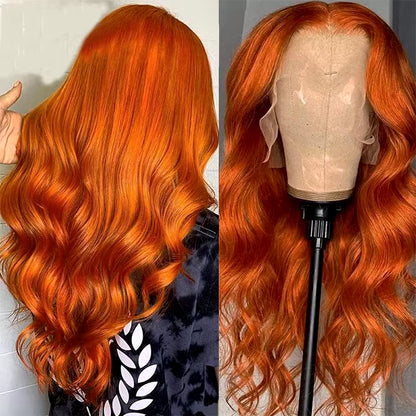 Ginger Orange Body Wave 13X6 Transparent Lace Front Wig Human Hair for Women #350 Colored Pre Plucked Natural Hairline 200%