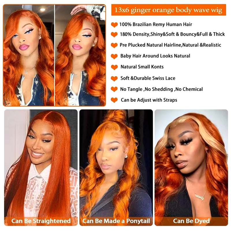 Ginger Orange Body Wave 13X6 Transparent Lace Front Wig Human Hair for Women #350 Colored Pre Plucked Natural Hairline 200%