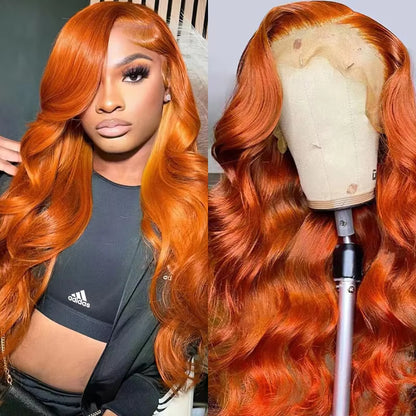 Ginger Orange Body Wave 13X6 Transparent Lace Front Wig Human Hair for Women #350 Colored Pre Plucked Natural Hairline 200%