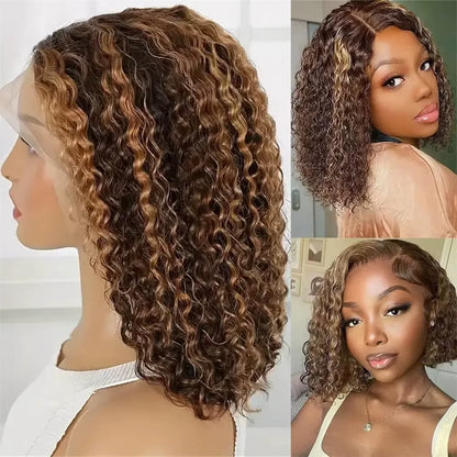 Highlight Color Short Bob Wigs Deep Wave 13X4 Lace Frontal Wigs Brazilian Human Hair Deep Curly Full Frontal Bob Wig Ombre Color