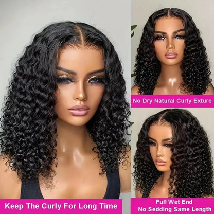 Vietnamese Curly Wigs 13X6 HD Transparent Human Hair 5X5 Closure Glueless Wig Bob Natural Black Deep Wave Remy 200 Density